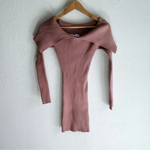 Zara Ribbed Off Shoulder Bodycon dress Mauve Sz Medium Instagram favorite - Picture 2 of 5